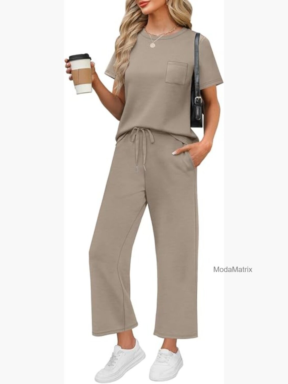 Two Piece Lounge Set Short Sleeve Wide Leg Crop Pants Travel Outfit